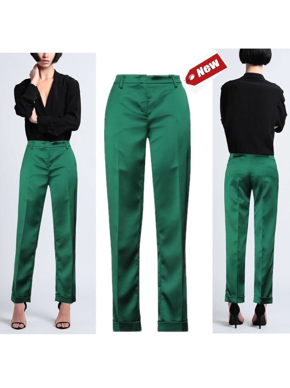 DOUUOD emerald green satin high waisted cuffed hem straight tailored pants NWT